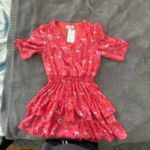 Floral Dress, coral with fuschia/white flowers, size S